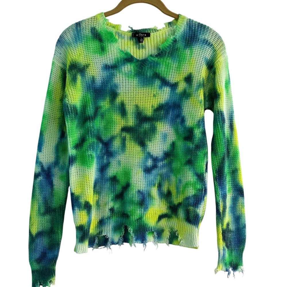 Flowers By Zoe Distressed Green & Yellow Tie-Dye Light Knit Sweater - Size Large
